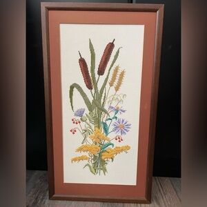 Vtg Framed Floral Needlepoint Cross Stitch-Bernat “Countryside Bouquet” -25”x14”
